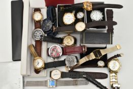 A BOX OF ASSORTED WRISTWATCHES, mostly quartz movements, some in boxes, names to include '