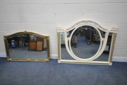 A LARGE ITALIAN CREAM OVERMANTEL MIRROR, with arched top and foliate details, width 149cm x height