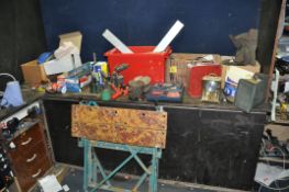 FOUR BOXES CONTAINING TOOLS AND COLLECTABLES including two vintage oil cans, two paraffin blowlamps,