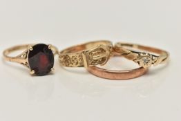 A SELECTION OF FOUR 9CT YELLOW AND ROSE GOLD RINGS, to include a diamond single stone ring set