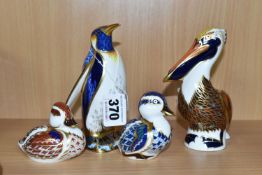 FOUR ROYAL CROWN DERBY PAPERWEIGHTS, comprising Emperor Penguin with gold stopper, a Brown Pelican