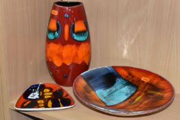 THREE PIECES OF POOLE POTTERY, comprising a Delphis four sided dish, a Living Glaze Gemstones