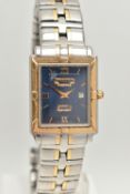 A GENTS 'RAYMOND WEIL PARSIFAL' WRISTWATCH, quartz movement, rectangular blue dial, signed '