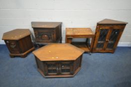 A SELECTION OF 20TH CENTURY OAK OCCASIONAL FURNITURE, to include a hexagonal cupboard, fitted with