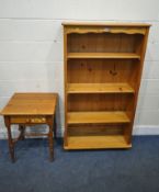 A MODERN PINE FIVE TIER OPEN BOOKCASE, width 83cm x depth 29cm x height 151cm, along with a pine