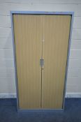A MODERN METAL DOUBLE DOOR CABINET, with three shelves and a pull out filing drawer, width 100cm x