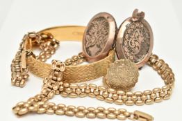 FIVE ITEMS OF GOLD PLATED JEWELLERY, to include a rolled gold brick link chain, fitted with a