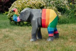'Stripey Trunks' is a friendly elephant sporting a colourful striped woolen trunk warmer and stripey