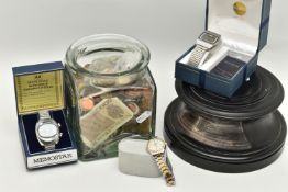 THREE WRISTWATCHES, A GLASS JAR OF COINS AND A TROPHY PLINTH, to include a boxed manual wind, '