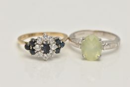 TWO 9CT GOLD GEM SET RINGS, the first a sapphire and colourless cubic zirconia cluster ring, set