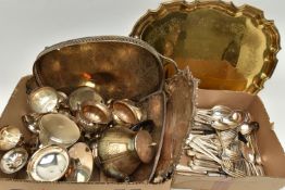 A BOX OF ASSORTED WHITE METAL WARE, to include two large trays, goblets, a three piece E.P.C tea