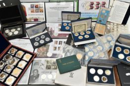 A LARGE CARDBOARD BOX CONTAINING AMOUNTS OF CASED AND LOOSE WORLD COINAGE, to include a replica