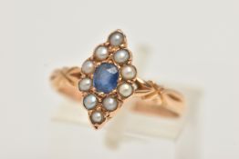 AN EARLY 20TH CENTURY SAPPHIRE AND SPLIT PEARL, 15CT GOLD RING, of a marquise form set with a