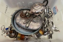 A LARGE PLASTIC BOX OF ASSORTED WHITE METAL WARE, to include three silver handled button hooks and a