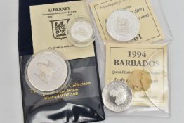 FOUR COINS, to include a 1994 Fiji Five Dollar coin with COA, a 1994 Barbados One Dollar coin with
