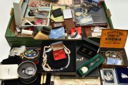 A BOX OF ASSORTED ITEMS, to include a selection of costume jewellery, assorted wristwatches, names