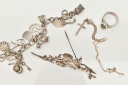 A SMALL BAG OF WHITE METAL JEWELLERY, a silver curb link bracelet, links stamped with sterling