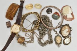 A BAG OF ASSORTED JEWELLERY, to include a ladies, manual wind 'Omega' wristwatch, gold plated (