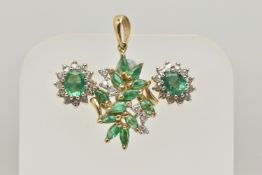 A PAIR OF EMERALD AND DIAMOND EARRINGS AND A PENDANT, each earring designed as an oval cluster,
