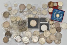 A PARCEL CONTAINING UK MID 20TH CENTURY SILVER COINS TO INCLUDE USA COINAGE, etc