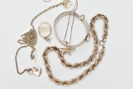 SIX PIECES OF JEWELLERY, to include a heavy silver rope twist chain with spring clasp, hallmarked