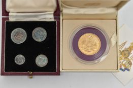 1894 ROYAL MINT CASED MAUNDY MONEY COINS 1D-4D, together with a gold plated medallion for Thai