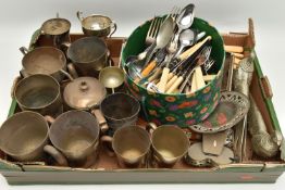A BOX OF ASSORTED WHITE METAL WARE, to include various tankards, a pair of white metal pheasant