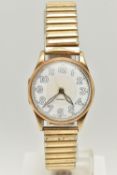 A GENTS 9CT GOLD WRISTWATCH, manual wind, round white Arabic numeral dial, open work hands, in a