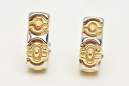 A PAIR OF BI COLOUR CLIP ON EARRINGS, yellow and white metal hoop style earrings, approximate length