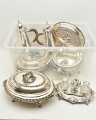 A SMALL QUANTITY OF SILVER PLATE, comprising an 18th century style cafe au lait set, unmarked and
