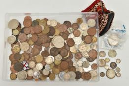 A PLASTIC TRAY WITH AMOUNTS OF MIXED WORLD COINS, to include a packet of silver content coins Inc 2x