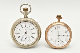 TWO POCKET WATCHES, the first a gold plated 'Waltham' open face pocket watch, manual wind, round