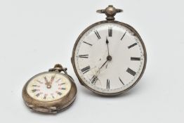 TWO OPEN FACE POCKET WATCHES, the first a ladies manual wind, white metal open face watch, inside