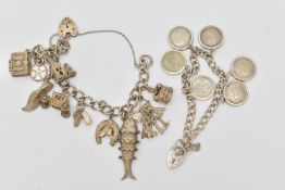 TWO SILVER CHARM BRACELETS, the first a curb link bracelet some links stamped with sterling marks,