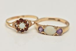 TWO LADIES 9CT GOLD RINGS, to include a boxed opal and purple cubic zirconia ring, on a polished