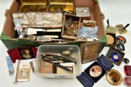 A LARGE BOX OF ASSORTED ITEMS, to include various compacts and pill boxes including 'Stratton',