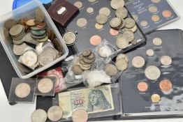 A SMALL CARDBOARD BOX CONTAINING COINS AND COMMEMORATIVES, to include a parcel of approximately