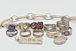 A SMALL BAG OF WHITE METAL JEWELLERY, to include a large open link bracelet fitted with a lobster