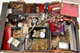 A BOX OF ASSORTED COSTUME JEWELLERY AND ITEMS, to include beaded necklaces, bangles and bracelets,