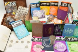 A LARGE CARDBOARD BOX CONTAINING MIXED COINS, YEAR SETS, COIN ALBUM, POSTAGE STAMPS ETC, to