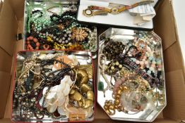 A BOX OF ASSORTED COSTUME JEWELLERY, to include a garnet beaded necklace, a mother of pearl beaded