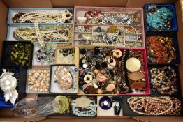 A BOX OF ASSORTED COSTUME JEWELLERY, to include a semi-precious stretch bead bracelet, a jasper bead