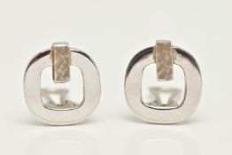 A PAIR OF WHITE METAL CLIP ON EARRINGS, open work square form earrings with a textured panel,
