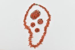 FOUR PIECES OF CORAL JEWELLERY, to include a beaded necklace, fitted with a base metal spring clasp,