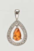 A WHITE METAL CITRINE AND DIAMOND DROP PENDANT, of a pear shape, suspending a central pear cut