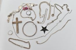 A SELECTION OF SILVER AND WHITE METAL JEWELLERY, to include a large textured silver cross pendant,