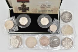 A PARCEL CONTAINING SILVER UK COINAGE, to include The Victoria Cross 2 coin set of 50p silver