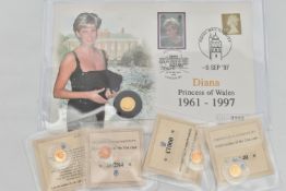 A QUANTITY OF MINATURE GOLD COINAGE, to include a Royal Mail Diana Princess of Wales 1/25oz 1997