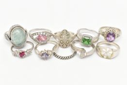 TEN SILVER AND WHITE METAL RINGS, to include a silver and amethyst dress ring, hallmarked