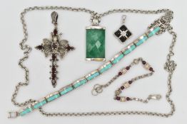 A SMALL BAG OF JEWELLERY, to include a silver and turquoise articulated bracelet, fitted with a